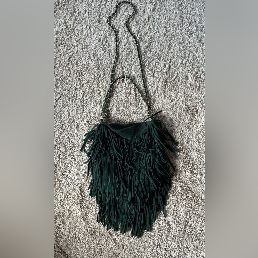 Urban Outfitters Ecote Green Suede Fringe Bag with Chain Strap